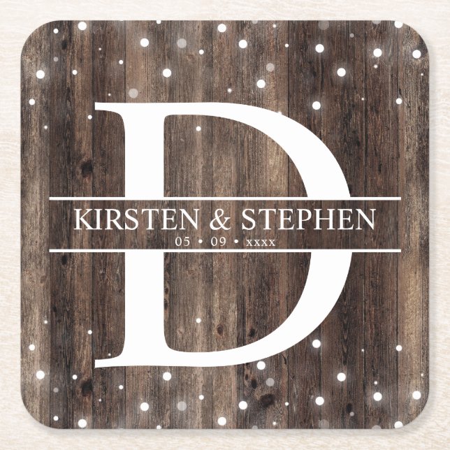 Rustic Wood Monogram Initial Wedding Coasters (Front)