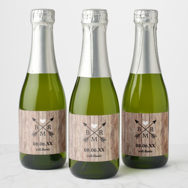 Rustic Wood Monogram Mini  Sparkling Wine Label (Bottles)