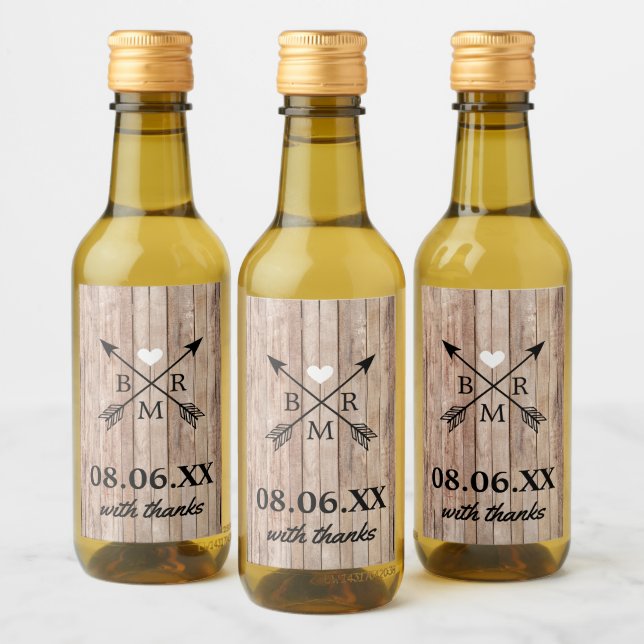 Rustic Wood Monogram Mini Wine Label (Bottles)