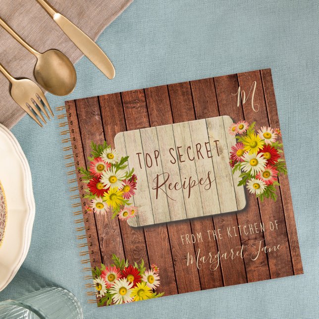 Rustic wood monogram name floral recipes journal (Creator Uploaded)