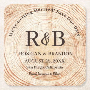 Rustic Wood Monogram Names Save the Date  Square Paper Coaster