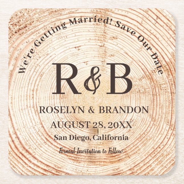 Rustic Wood Monogram Names Save the Date  Square Paper Coaster (Front)
