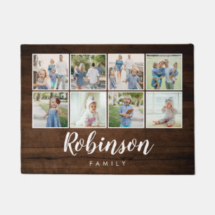 Rustic Wood Monogrammed 8 Photo Family Collage   Doormat