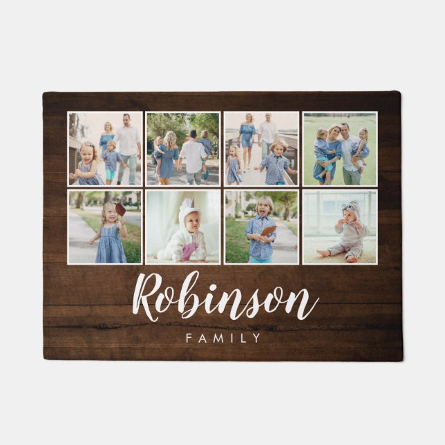 Rustic Wood Monogrammed 8 Photo Family Collage | Doormat (Front)