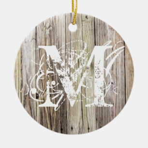 Rustic Wood Monogrammed Christmas Ornament