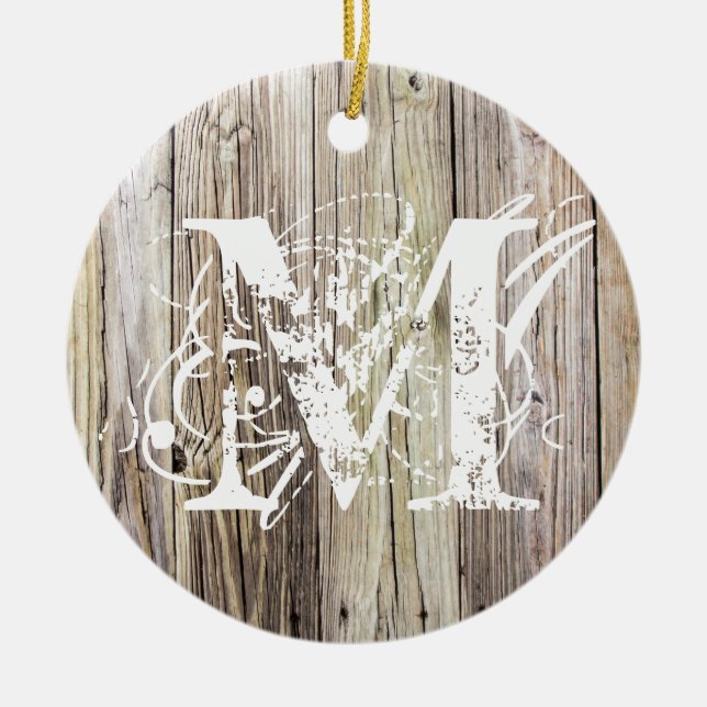 Rustic Wood Monogrammed Christmas Ornament (Front)