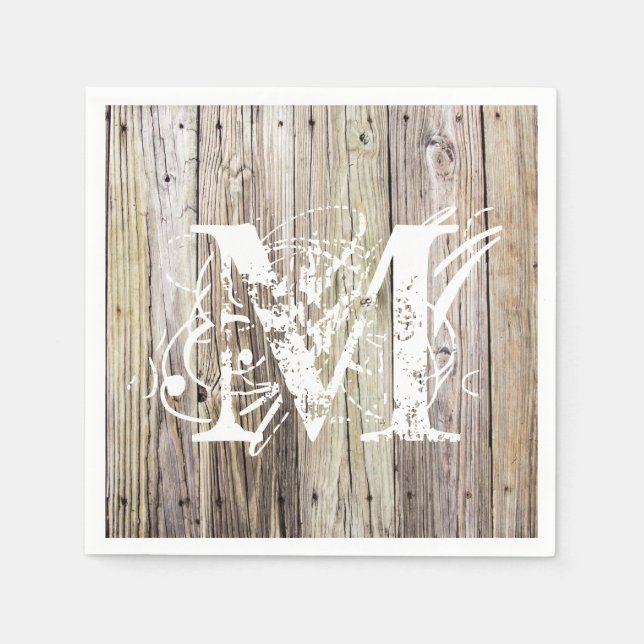 Rustic Wood Monogrammed Cocktail Napkins (Front)
