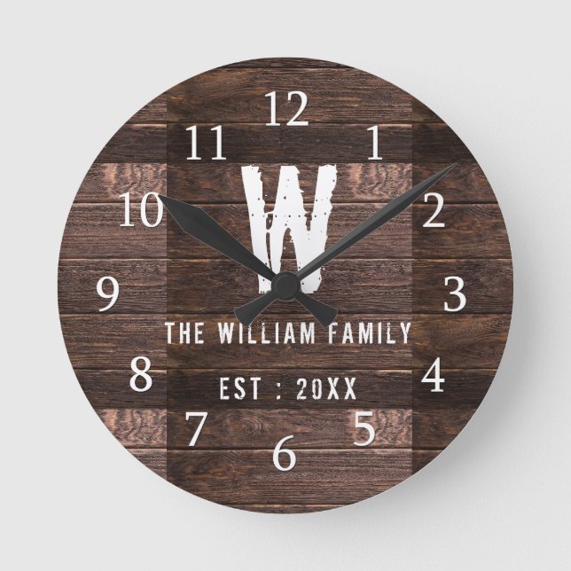 Rustic Wood Monogrammed Family Name Round Clock (Front)