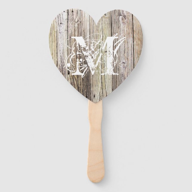 Rustic Wood Monogrammed Hand Fan (Front)