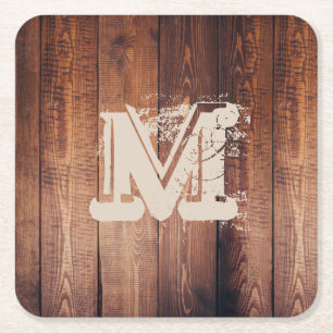 Rustic wood Monogrammed Initial Square Paper Coaster