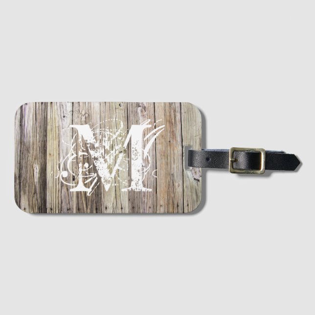 Rustic Wood Monogrammed Luggage Tag (Front Horizontal)