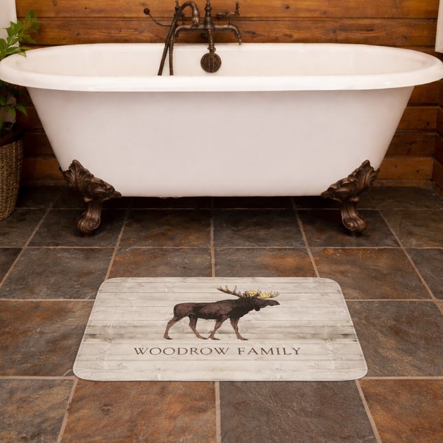 Rustic Wood Moose Family Name Shower Curtain Bath Mat (Creator Uploaded)