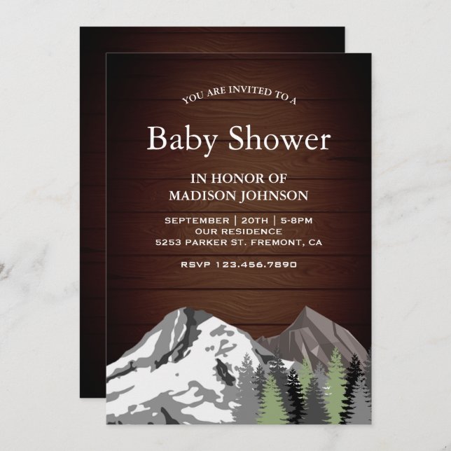 Rustic Wood Mountain Forest Baby Shower Invitation (Front/Back)