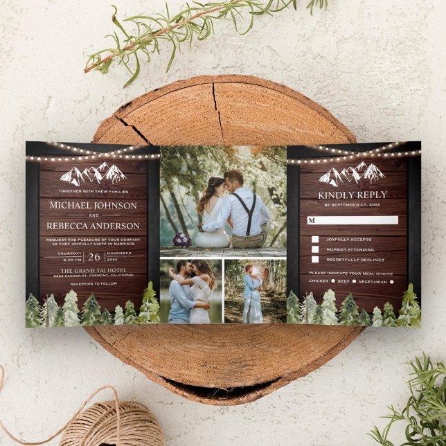 Rustic Wood Mountain Forest Photo Collage Wedding Tri-Fold Invitation (Creator Uploaded)