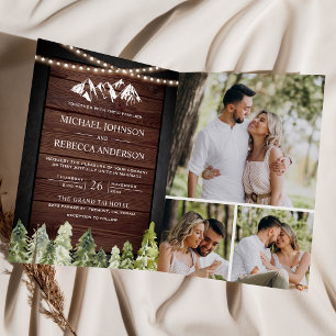 Rustic Wood Mountain Forest Photo QR Code Wedding Invitation