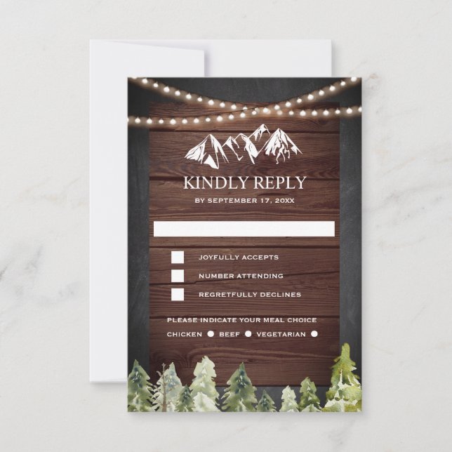 Rustic Wood Mountain Forest Wedding RSVP Card (Front)