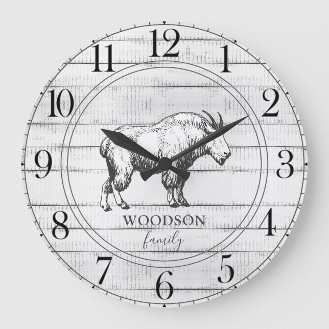 Rustic Wood Mountain Goat Family Name Large Clock (Front)