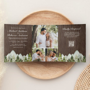 Rustic Wood Mountain Pine Forest QR Code Wedding Tri-Fold Invitation