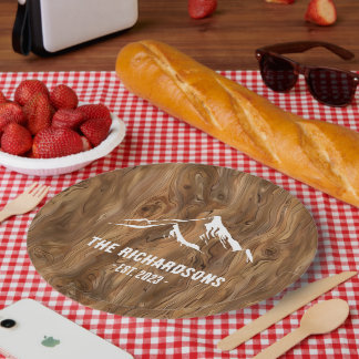 Rustic Wood Mountains Personalised Family Lake Ski Paper Plate