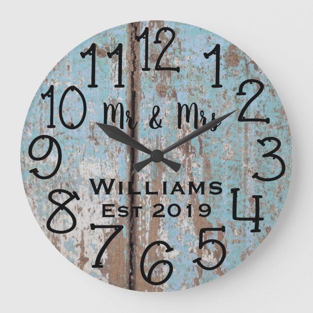 Rustic Wood Mr and Mrs Wedding Anniversary Large Clock (Front)