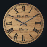 Rustic Wood Mr Mrs Custom Name Farmhouse Wooden Large Clock<br><div class="desc">Rustic large clock for the new Mr. and Mrs.featuring antique illustration,  from vintage book,  with roman numerals,  over brown wood texture,  and custom family name,  in black script. Great for farmhouse decor,  easily customize this wooden like wall clock with your text and colors.</div>