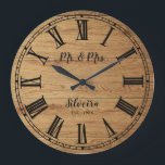 Rustic Wood Mr Mrs Custom Name Farmhouse Wooden Large Clock<br><div class="desc">Rustic large clock for the new Mr. and Mrs.featuring antique illustration,  from vintage book,  with roman numerals,  over brown wood texture,  and custom family name,  in black script. Great for farmhouse decor,  easily customize this wooden like wall clock with your text and colors.</div>