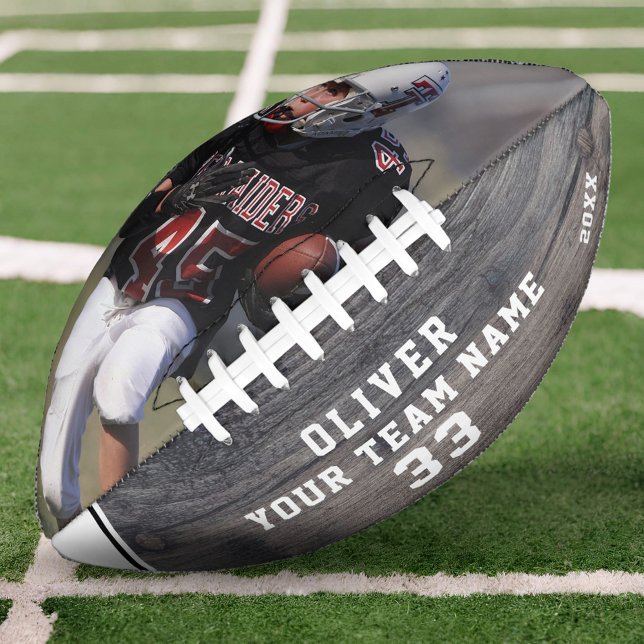 Rustic Wood Name Number Team Photo Football (Creator Uploaded)