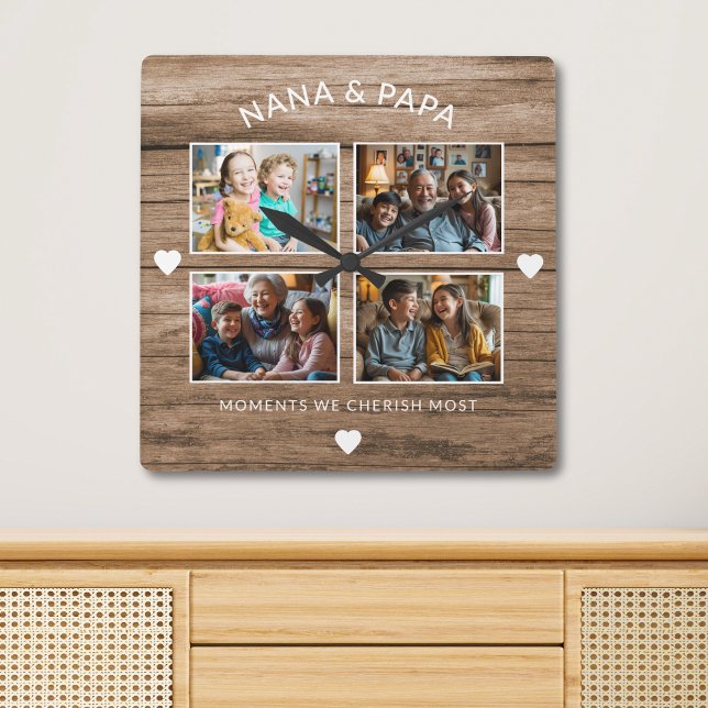 Rustic Wood Nana Papa 4 Photo Grandparent Gift Square Wall Clock (Creator Uploaded)