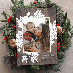 Rustic Wood Natural Floral Photo Christmas Holiday Card
