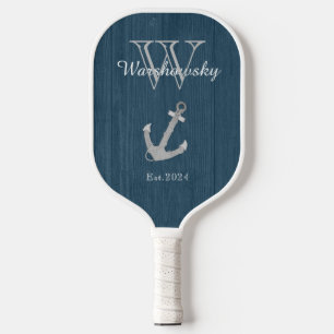 Rustic Wood Nautical Blue Anchor Monogram Pickleball Paddle