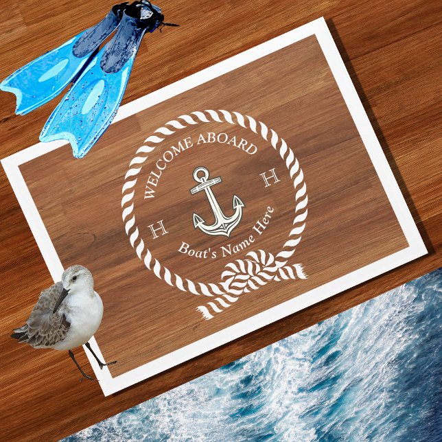 Rustic Wood Nautical Boat Name Anchor Rope Welcome Doormat (Creator Uploaded)