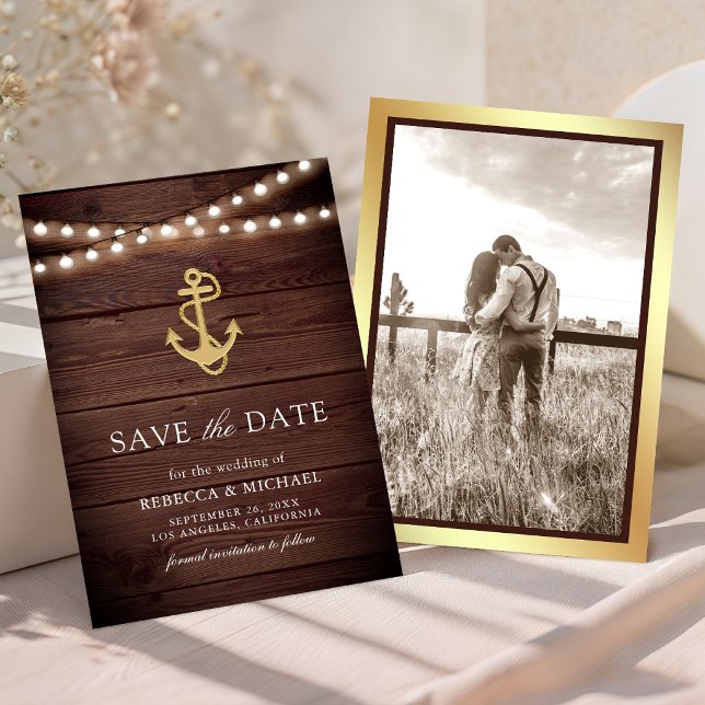 Rustic Wood Nautical Gold Anchor Lights Wedding Save The Date (Creator Uploaded)