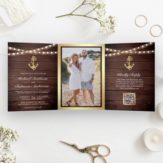 Rustic Wood Nautical Gold Anchor QR Code Wedding Tri-Fold Invitation (Creator Uploaded)