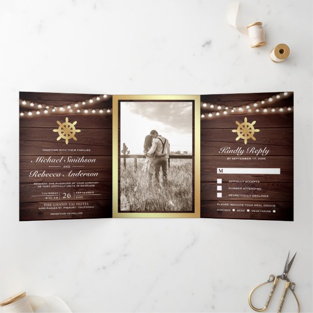 Rustic Wood Nautical Gold Ship's Wheel Wedding Tri-Fold Invitation (Inside)