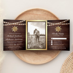 Rustic Wood Nautical Gold Ship's Wheel Wedding Tri-Fold Invitation