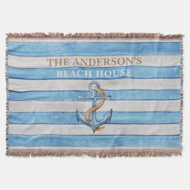 Rustic Wood Nautical Stripes Family Beach House Throw Blanket (Front)