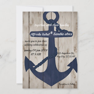 Rustic Wood Navy Blue Anchor Nautical Wedding  Invitation