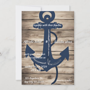 Rustic Wood Navy Blue Anchor Nautical Wedding  Invitation