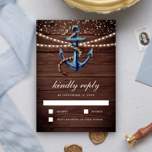 Rustic Wood Navy Blue Anchor Nautical Wedding RSVP Card