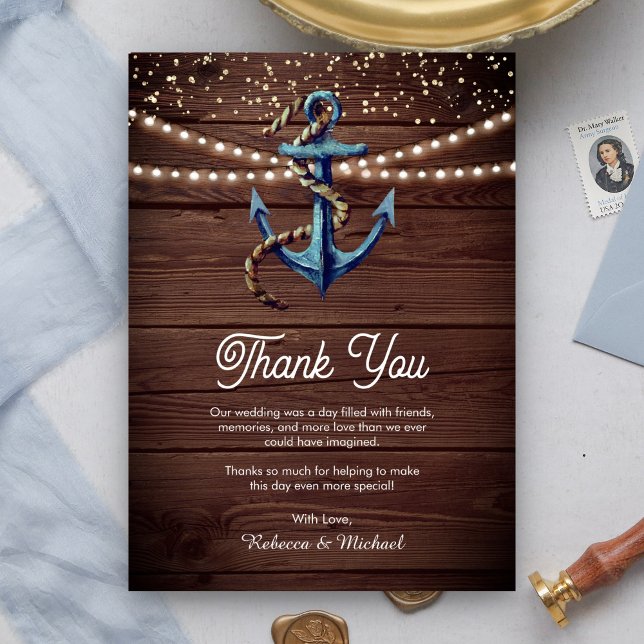 Rustic Wood Navy Blue Anchor Nautical Wedding  Thank You Card (Creator Uploaded)