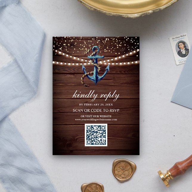 Rustic Wood Navy Blue Anchor QR Code RSVP Wedding Enclosure Card (Creator Uploaded)
