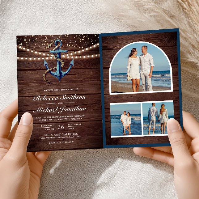 Rustic Wood Navy Blue Anchor QR Code Wedding Invitation (Creator Uploaded)