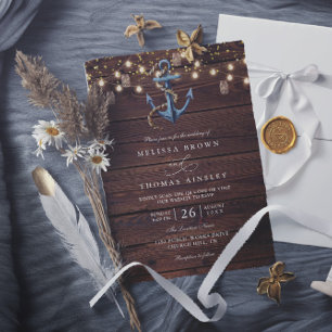 Rustic Wood Navy Blue Anchor QR Code Wedding Invitation