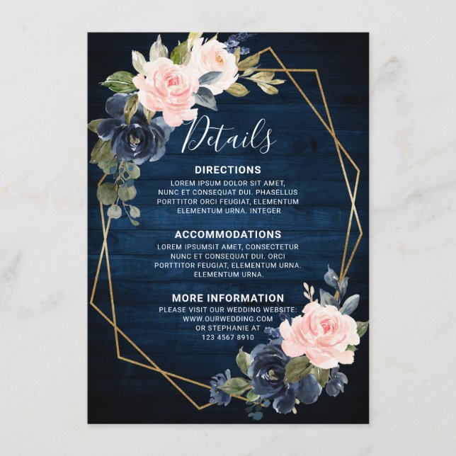Rustic Wood Navy Blue Blush Pink Geometric Details Enclosure Card (Front)