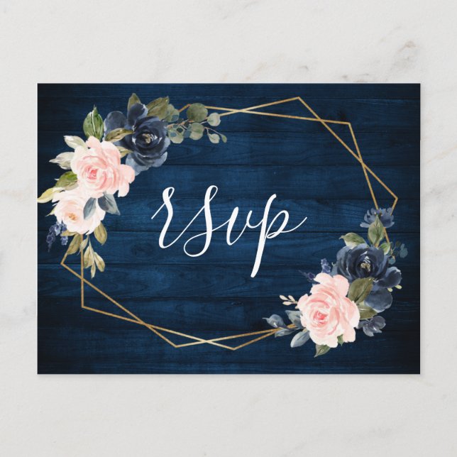 Rustic Wood Navy Blue Blush Pink Geometric RSVP Postcard (Front)