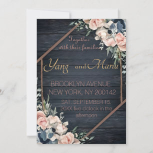Rustic Wood Navy Blue Blush Pink Geometric Wedding Invitation
