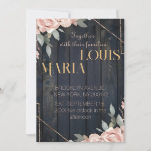 Rustic Wood Navy Blue Blush Pink Geometric Wedding Invitation