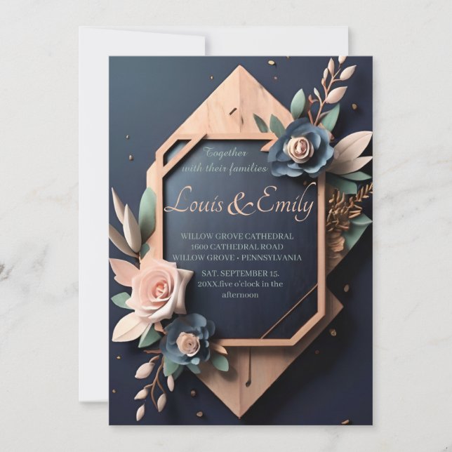 Rustic Wood Navy Blue Blush Pink Geometric Wedding Invitation (Front)
