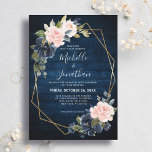 Rustic Wood Navy Blue Blush Pink Geometric Wedding Invitation<br><div class="desc">Dark navy blue floral geometric wedding Invitation featuring elegant bouquet of navy blue,  royal blue ,  white ,  blush rose and sage green eucalyptus leaves and elegant glitter geometric neutral frame. Please contact me for any help in customisation or if you need any other product with this design.</div>