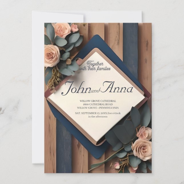 Rustic Wood Navy Blue Blush Pink Geometric Wedding Invitation (Front)